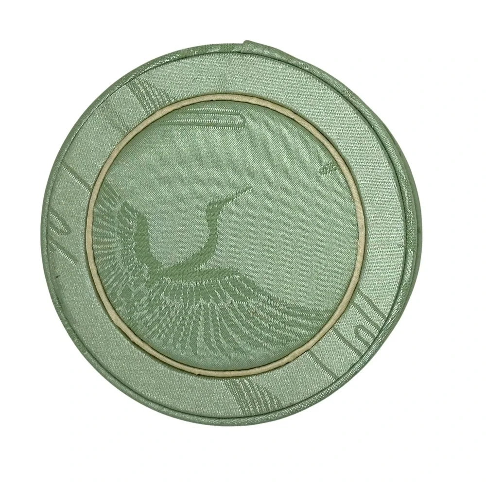 VTG Jewelry Box Green Satin Crane Bird Embroidered Round Padded Storage Case
